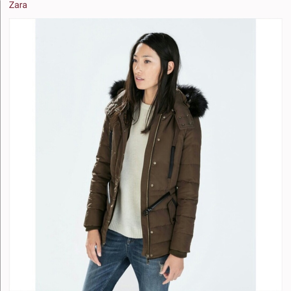 Zara Womens Brown Down Anorak Parka Coat Small